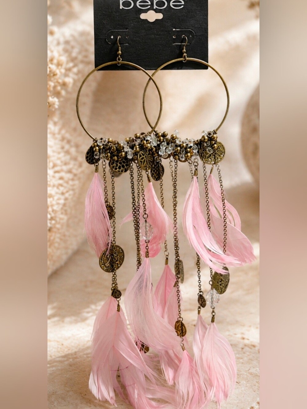 Vintage Y2K Bebe Pink Feather Boho Chandelier Earrings